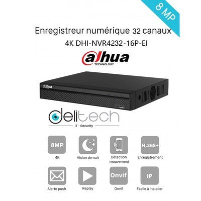 NVR DAHUA GRABADOR DE VÍDEO EN RED DE 32 CANALES, 1U, 2 DISCOS DUROS, 16 PUERTOS POE
