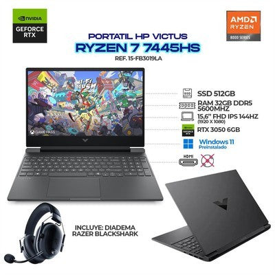 HP VICTUS 15-FB3019LA 15.6” FHD 144 HZ R7-7445H 8GB DDR5 (HASTA 32GB) 512GB PCIE RTX 3050 6GB FREEDOS NEGRO GARANTIA 12 MESES