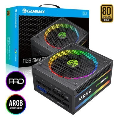 FUENTE DE PODER GAMEMAX 750W RGB-750 PRO BK MODULAR 80+ GOLD FAN 14CM ARGB (25 MODOS) 100-240V ATX3.1 AURA SYNC GARANTIA 12 MESES