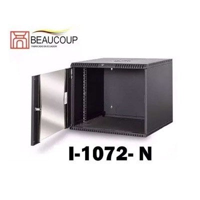 GABINETE RACK BEAUCOUP I-1072-N 60 X 54 X 50 CM DE PARED CON DETALLES LEVES COMPATIBLE CON SWITCHES, ROUTERS, PATCH PANEL, ORGANIZADORES PUERTA DE VIDRIO DE 4MM YALE PANELES LATERALES OPEN BOX