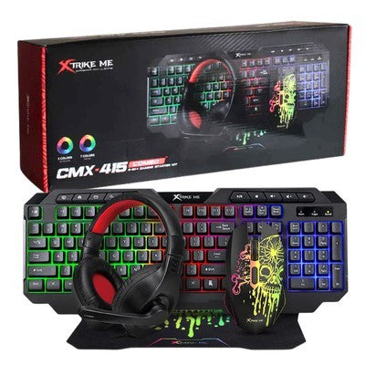 KIT 4 EN 1 XTRIKE ME CMX-415 SP (TECL, MOUSE, HEADPHONE, MOUSEPAD) 115 TECL. RGB MIXTA, DPI 8000 6 BOT. ALFOMBRILLA 287*244*3MM GARANTIA 12 MESES