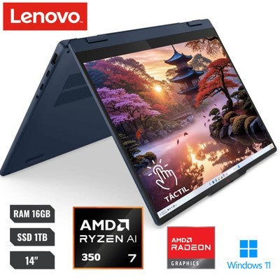 LAPTOP LENOVO 2 EN 1 360 GRADOS AMD RYZEN AI 7 350 (IA INTEGRADA) RAM 16GB SSD 1TB 14" WUZGA (1920X1200) TOUCHSCREEN WINDOWS 11 HOME INGLES - 1 AÑO RESPALDO DEL FABRICANTE - 83KT001YUS