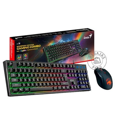 KIT GENIUS TECL. Y MOUSE SCORPION KM-GX6 SP BK SENSACION TACTIL/MECANICA ILUMINACION RGB COPILOT AI / DPI 3600 GARANTIA 12 MESES