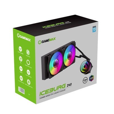 REFRIGERACION LIQUIDA GAMEMAX ICEBURG 240 INFINITY FAN 2*120MM ARGB EFECTO INFINITO INTEL LGA 1700/1200/115X AMD AM5/AM4 AURA SYNC GARANTIA 12 MESES