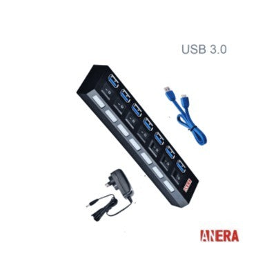 HUB ADAPTADOR 7 PUERTOS USB ANERA 3.0+ADAPTADOR DE PODER SWITCH/IND AE-USB3.0H701-P