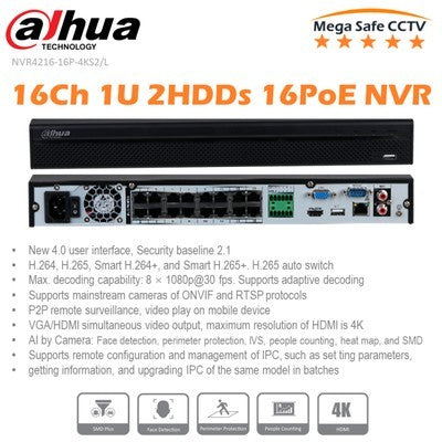 NVR DAHUA GRABADOR DE VÍDEO EN RED DE 16 CANALES, 1U, 2 DISCOS DUROS, 16 PUERTOS POE
