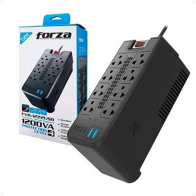 REGULADOR DE VOLTAJE FORZA FVR-1222USB 220V 1200VA/600W 8 TOMAS NEMA 5-15R USB-C + USB-A 2.4A CARGA RAPIDA GARANTIA 12 MESES
